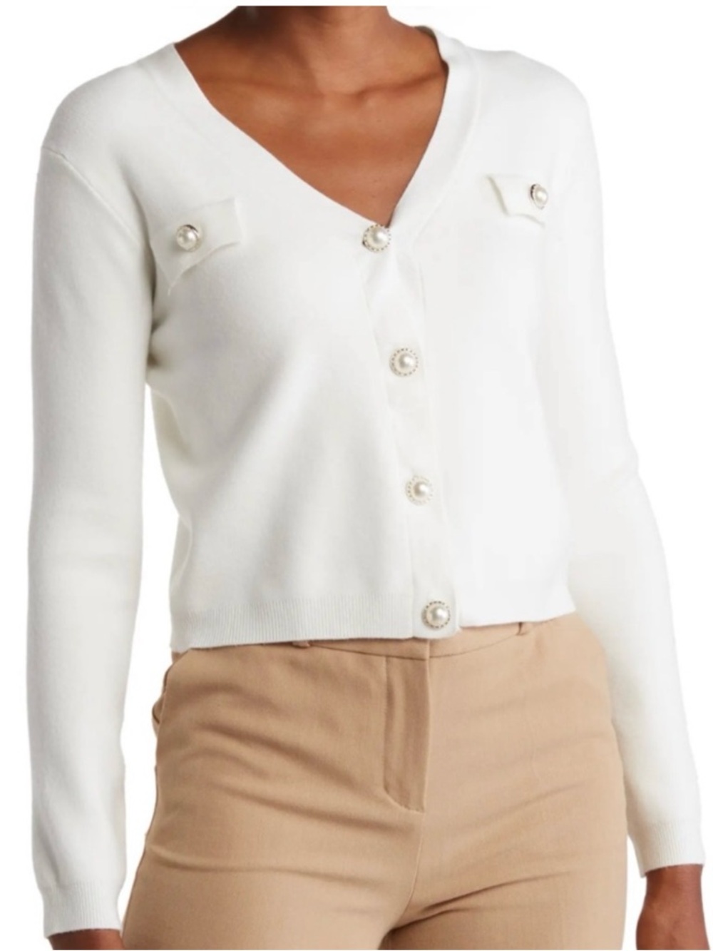 Tahari Cream V-Neck Button Cardigan Sweater